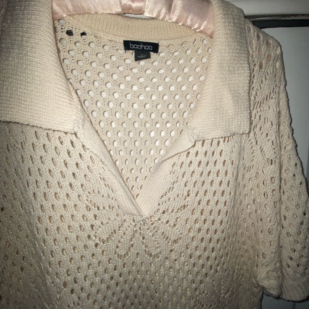 Crochet set woven worn once .BooHoo crochet pants and top set  cream size M